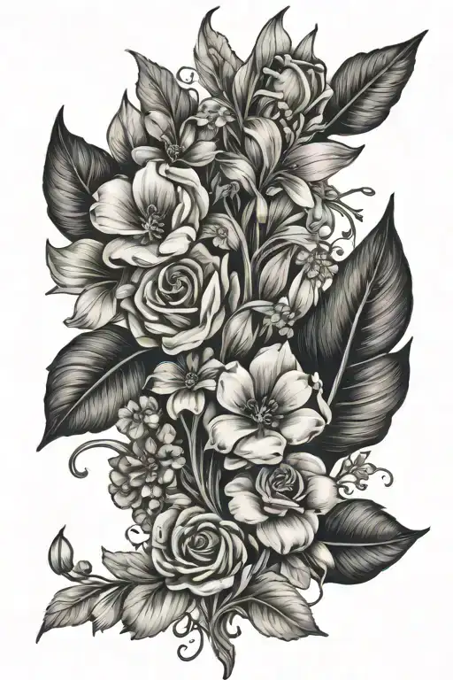   spine tattoo with leafs, sweet pea flower, daisy flower, rose flower, snowdrops flower, primrose flower, gladidus flo  tattoo design idea