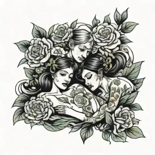 four people lying in flowers tattoo design idea