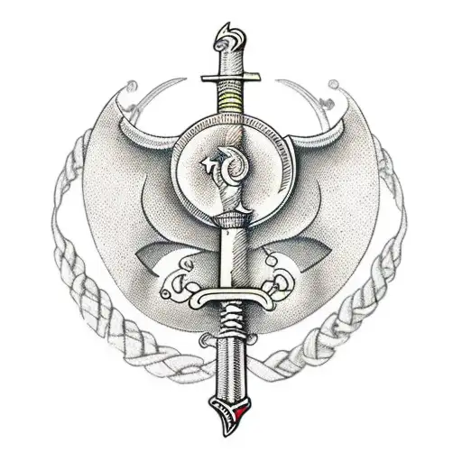 A collection of historical weapons including swords and bracelets arranged in a decorative pattern tattoo design idea