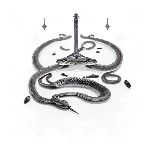 A snake coiled around a sword, and a drop of ink comes out of the snake's mouth, and a drop of blood from the sword, the tattoo design idea