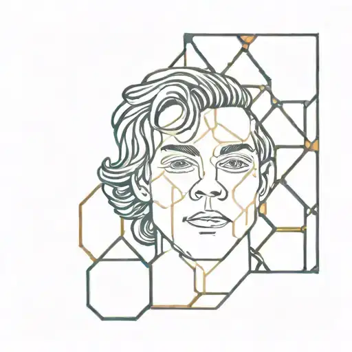 A geometric honeycomb pattern with a silhouette of Harry Styles in the center, representing the client's favorite things tattoo design idea