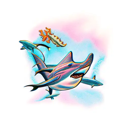 coral reef with sharks tattoo design idea