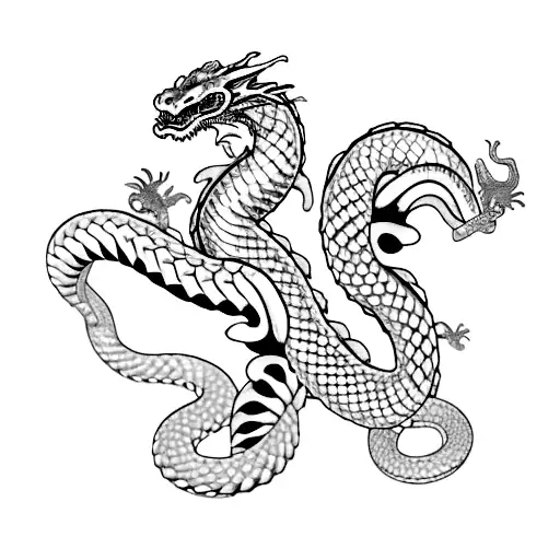 japanese dragon along spine with two snakes crawling up on it one cobra and one python tattoo design idea