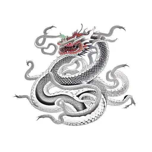 japanese dragon along spine with two snakes crawling up on it one cobra and one python tattoo design idea