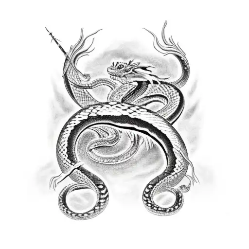 japanese dragon spine tattoo with two snakes crawling up on it one cobra and one python tattoo design idea