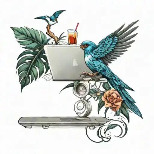 palm, coctail, sun, swallow bird, laptop with programming code tattoo design idea