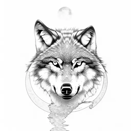 wolf with a reflection in water with the moon oattern tattoo design idea