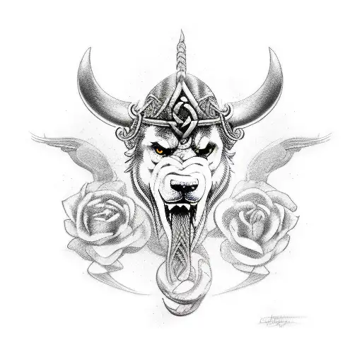 barco vikingo con cuervos y lobos tattoo design idea
