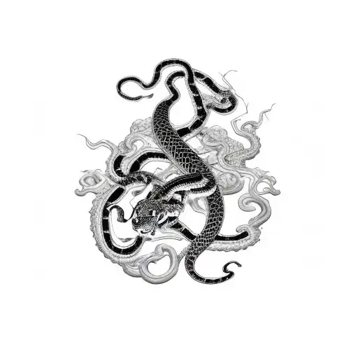 A snake and a tiger entwined together, forming the shape of a motorcycle with a Japanese rising sun in the background tattoo design idea