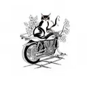 A cat perched on a motorcycle seat, with a beautiful Japanese cherry blossom tree in the background tattoo design idea