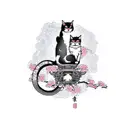 A cat perched on a motorcycle seat, with a beautiful Japanese cherry blossom tree in the background tattoo design idea
