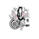 A cat perched on a motorcycle seat, with a beautiful Japanese cherry blossom tree in the background tattoo design idea