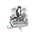 A cat perched on a motorcycle seat, with a beautiful Japanese cherry blossom tree in the background tattoo design idea