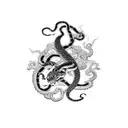 A snake and a tiger entwined together, forming the shape of a motorcycle with a Japanese rising sun in the background tattoo design idea
