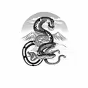 A snake and a tiger entwined together, forming the shape of a motorcycle with a Japanese rising sun in the background tattoo design idea