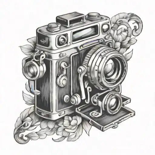Design a black and grey tattoo of a vintage camera capturing moments from Prostokvashino and Nu Pogodi tattoo design idea