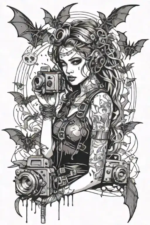 An intricate black and grey tattoo inspired by Royo art. A goth girl surrounded by bats,crosses,cyberpunk and cameras  tattoo design idea