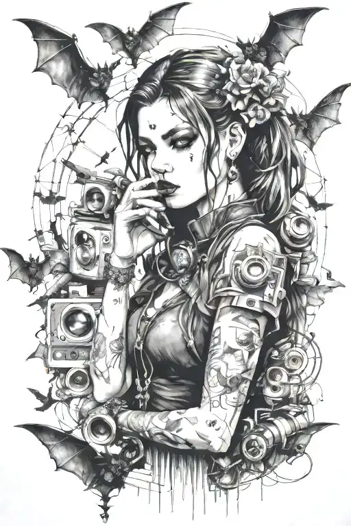 An intricate black and grey tattoo inspired by Royo art. A goth girl surrounded by bats,crosses,cyberpunk and cameras  tattoo design idea