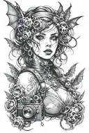 An intricate black and grey tattoo inspired by Royo art. A goth girl surrounded by bats,crosses,cyberpunk and cameras  tattoo design idea