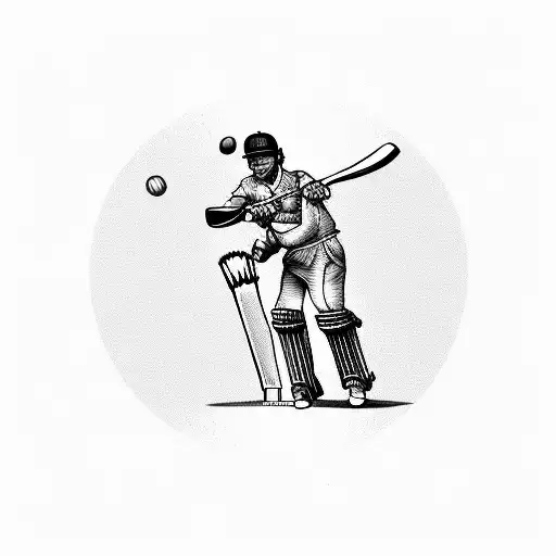 A cricket player swinging a bat with musical notes flying out tattoo design idea