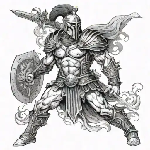 Ares, The God Of War, in Spartan armor in battle scene tattoo design idea