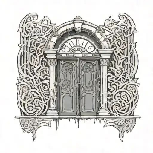 A black and grey design of the Doors of Durin with the inscription 'Speak, friend, and enter' on the ribcage tattoo design idea
