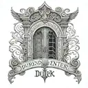 A black and grey design of the Doors of Durin with the inscription 'Speak, friend, and enter' on the ribcage tattoo design idea