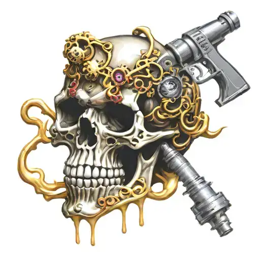 skull encased with gravity feed spray paint gun morphing tattoo design idea