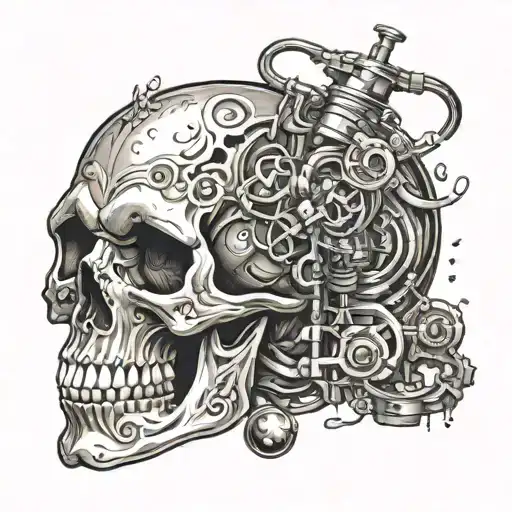 skull encased with gravity feed spray gun morphing tattoo design idea