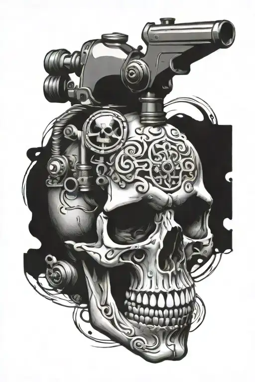 skull and gravity  spray gun tattoo design idea