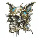 skull encased with gravity feed spray paint gun morphing tattoo design idea
