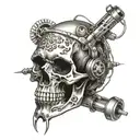 skull encased with gravity feed spray paint gun morphing tattoo design idea