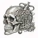 skull encased with gravity feed spray gun morphing tattoo design idea
