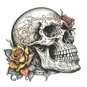 skull encased with gravity feed spray gun morphing tattoo design idea