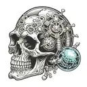 skull encased with gravity feed spray gun morphing tattoo design idea