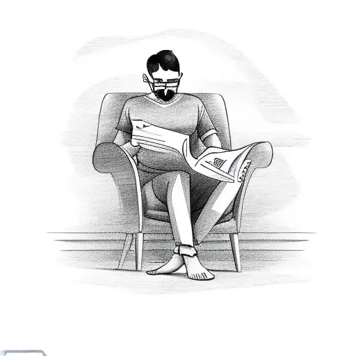 man sitting with one leg crossed barefoot and is reading a news paper with head line GOOD NEWS the paper covers his face tattoo design idea