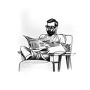 man sitting with one leg crossed barefoot and is reading a news paper with head line GOOD NEWS the paper covers his face tattoo design idea