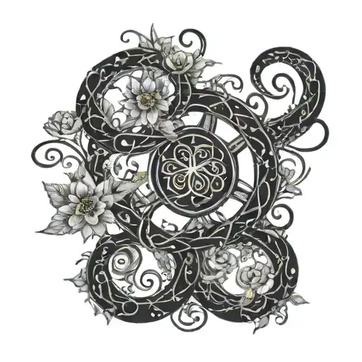 A celestial and intricate design featuring the Cancer zodiac sign intertwined with flowers and vines, symbolizing growth and rebirth, in a blackwork style tattoo design idea