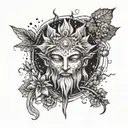 A powerful and mystical tattoo depicting a god-like figure surrounded by July 4th fireworks, with elements of flowers and vines incorporated throughout, in a dotwork style tattoo design idea