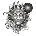 A powerful and mystical tattoo depicting a god-like figure surrounded by July 4th fireworks, with elements of flowers and vines incorporated throughout, in a dotwork style tattoo design idea