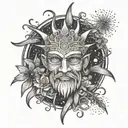 A powerful and mystical tattoo depicting a god-like figure surrounded by July 4th fireworks, with elements of flowers and vines incorporated throughout, in a dotwork style tattoo design idea
