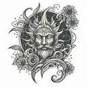 A powerful and mystical tattoo depicting a god-like figure surrounded by July 4th fireworks, with elements of flowers and vines incorporated throughout, in a dotwork style tattoo design idea