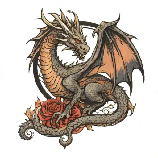 The central dragon is located in the center of the sleeve, large and detailed. Rhaenyra Targaryen — on a dragon background, tattoo design idea