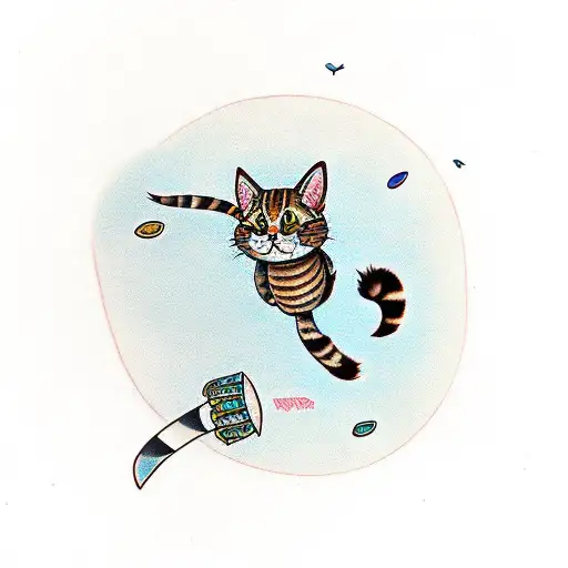 fluffy cute brown tabby cat chasing dragonfly tattoo design idea