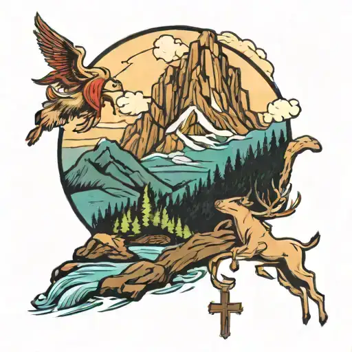 mountains with a jesus cross above and a river flowing with deer and bears  tattoo design idea