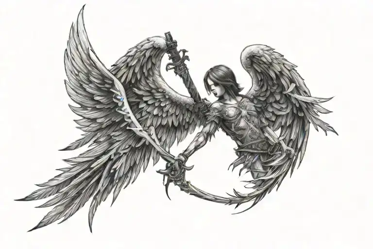 horror angel wings spread sword piercing tattoo design idea