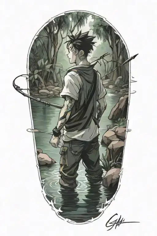  ### Concept: Realistic Gon Fishing on a Flowing River  **1. **Main Character**:    - **Gon Freecss**: Ensure Gon is dep tattoo design idea