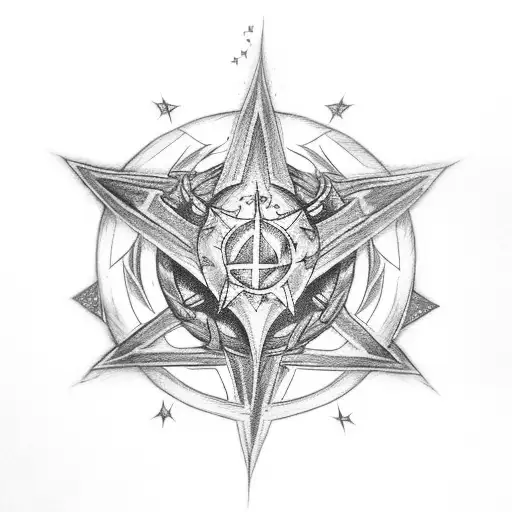 sam and dean supernatural anti demon possesion star on left chest, shoulder tatto of viking fenrir swallowing star       tattoo design idea