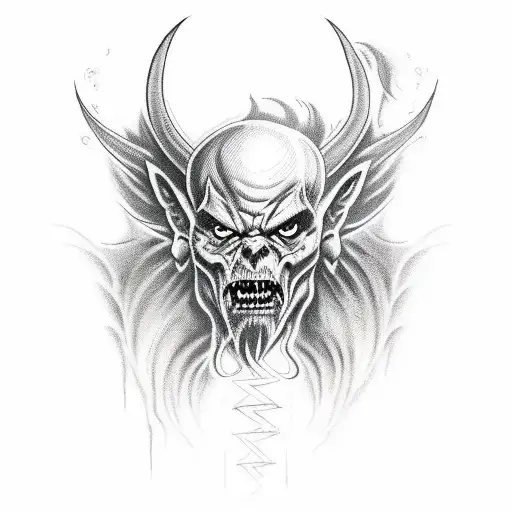 Design a black-grey tattoo featuring a sinister demon playing video games in a dark, occult-themed setting tattoo design idea