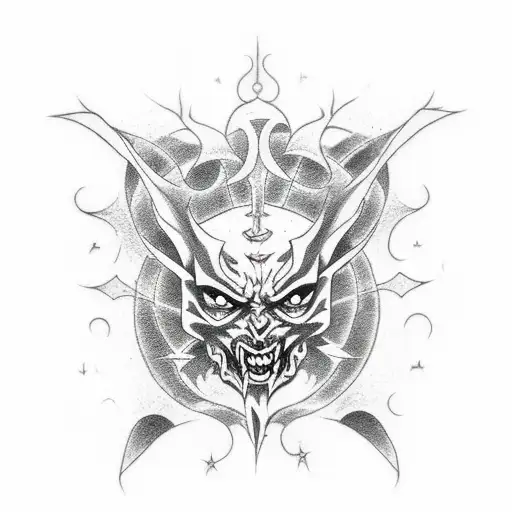 Create a dotwork tattoo of a gothic demon character from your favorite anime, with elements of satanism and occult symbolism tattoo design idea